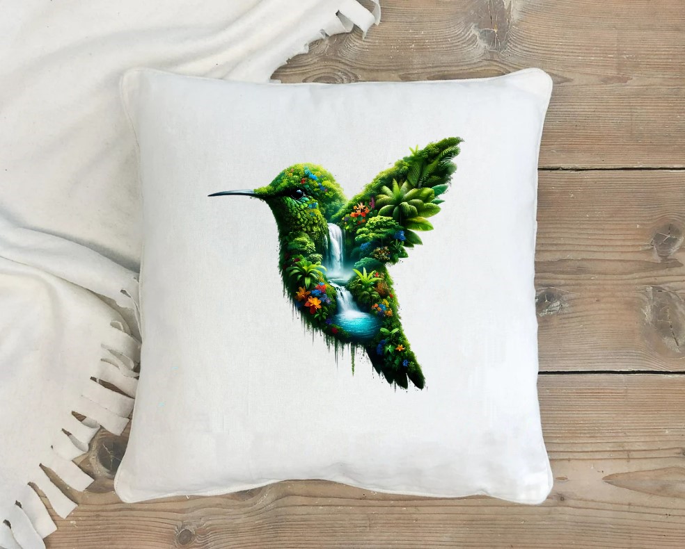 Colibri Nature Cascade Transfert thermocollant impression dtf flex textile coussin oreillers accessoire déco