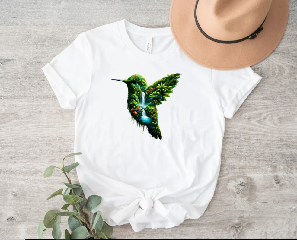 Colibri Nature Cascade Transfert thermocollant impression dtf flex textile t-shirt femme homme enfant bébé sweat jeans veste pull
