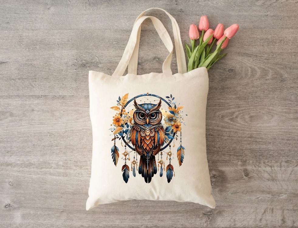 attrape rêve hibou plumes fleurs transfert thermocollant impression dtf flex textile sac shopping plage mains sport