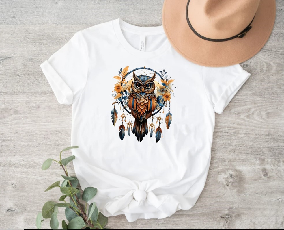 attrape rêve hibou plumes fleurs transfert thermocollant impression dtf flex textiletshirt femme homme enfant pull sweat blouson jeans veste