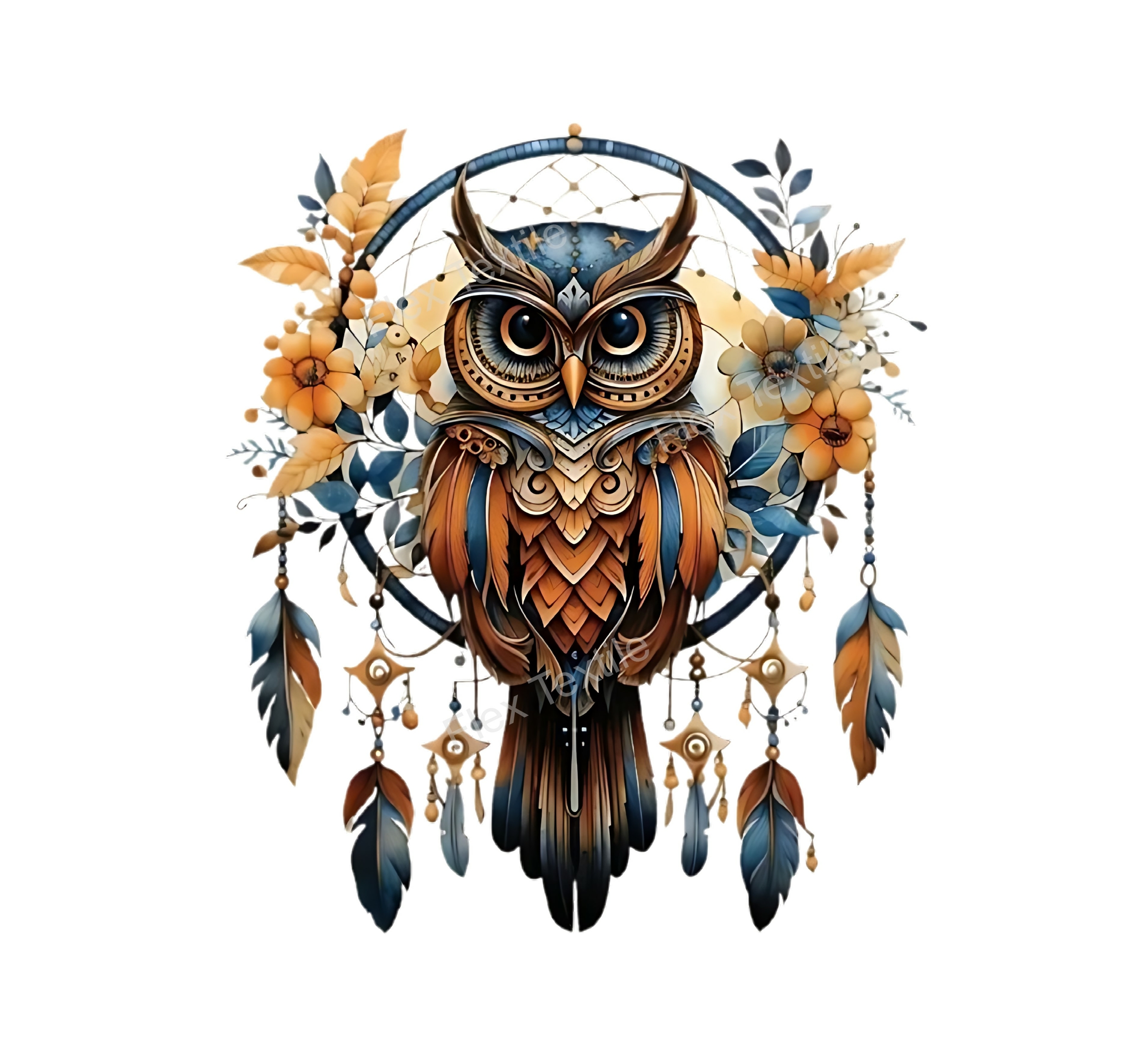 attrape rêve hibou plumes fleurs transfert thermocollant impression dtf flex textile