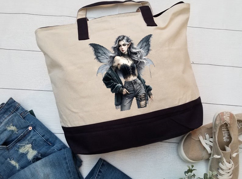 femme ailes elfe transfert thermocollant impression dtf flex textile sac shopping mains plage sport