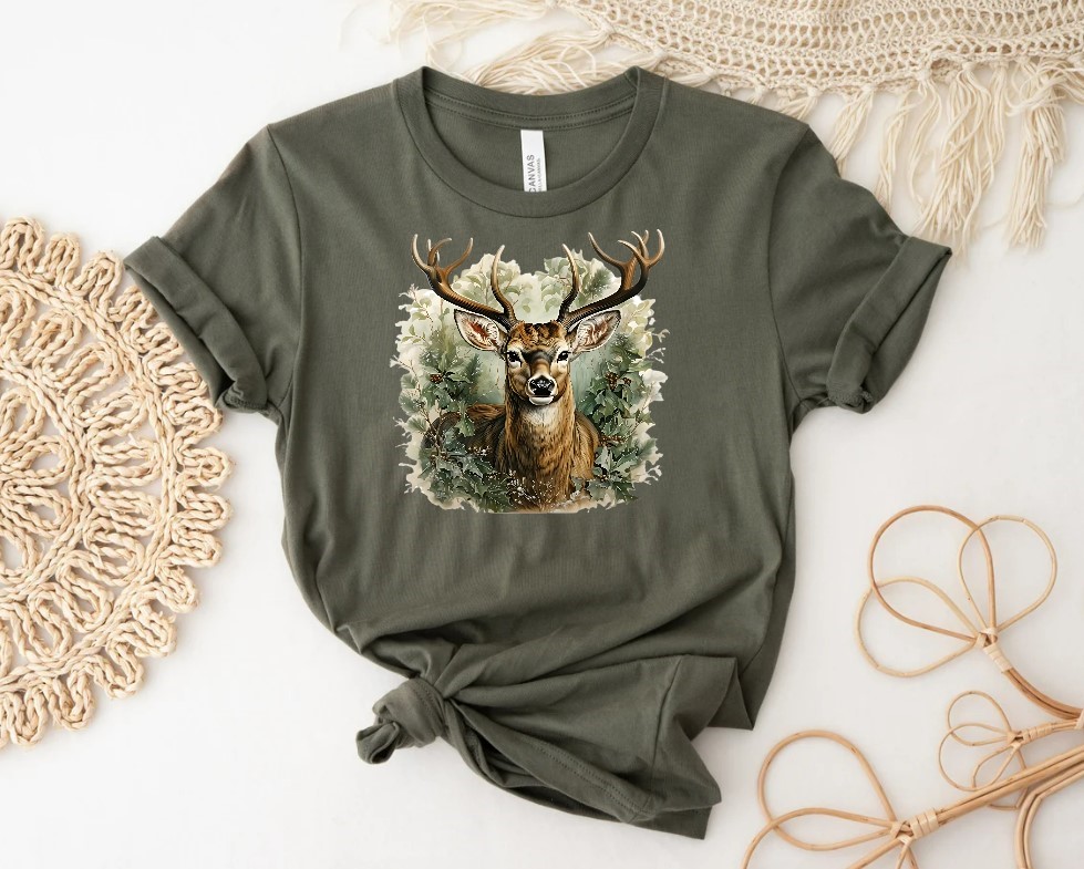 cerf feuilles forêt transfert thermocollant impression dtf flex textile tshirt homme femme enfant pull sweat blouson veste jeans