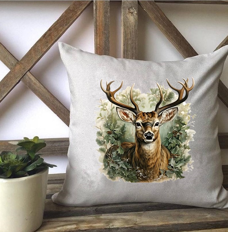 cerf feuilles forêt transfert thermocollant impression dtf flex textile coussin oreiller objet accessoire déco