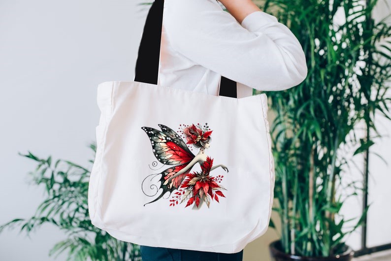 femme papillon rouge transfert thermocollant impression dtf flex textile sac shopping plage mains sport cabas accessoires