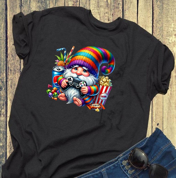 gnome gamer transfert thermocollant impression dtf flex textile t-shirt femme enfant homme sweat pull top veste jeans