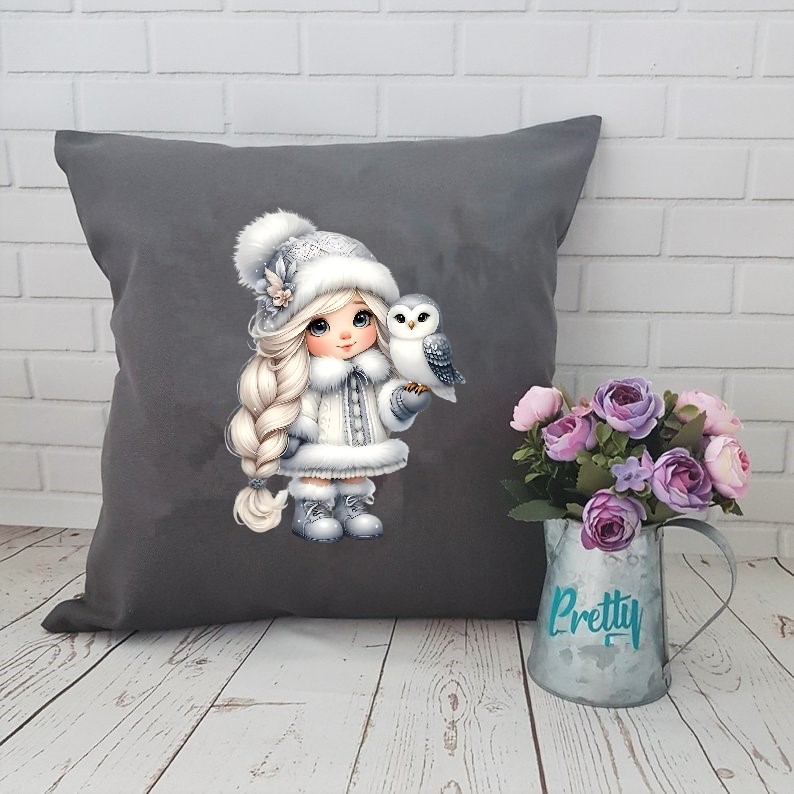 fillette chouette transfert thermocollant impression dtf flex textile coussin oreillers accessoires déco