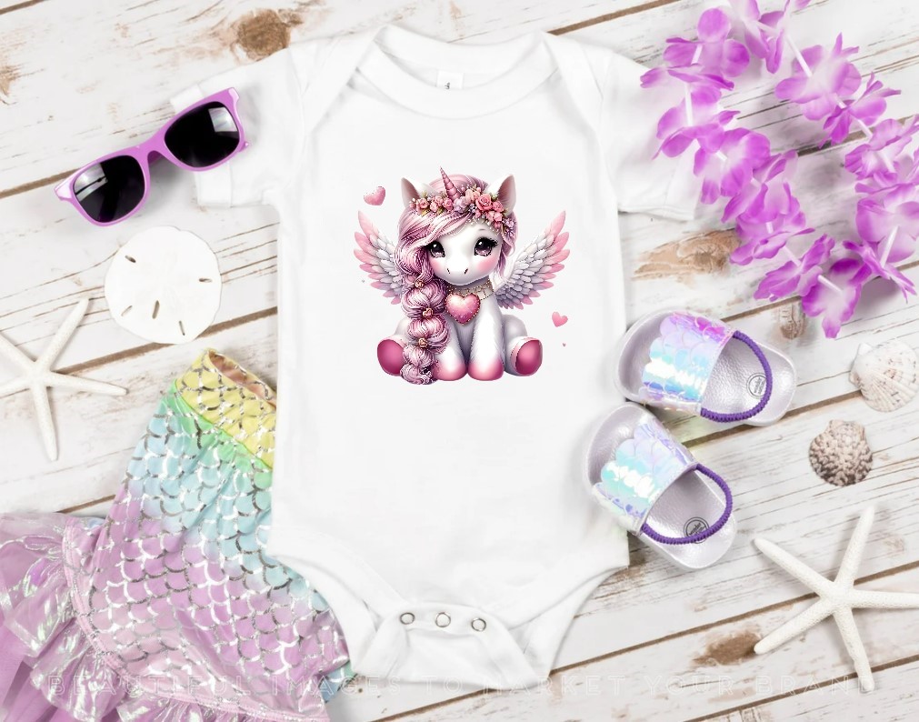 licorne poney coeurs transfert thermocollant impression dtf flex textile body bébé vêtement enfant fille