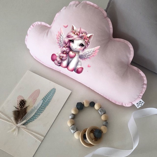 licorne poney coeurs transfert thermocollant impression dtf flex textile coussin oreillers acessoire déco chambre bébé