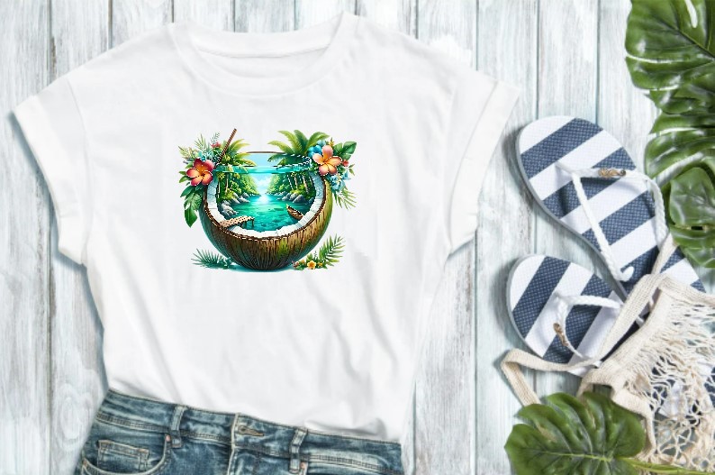 noix coco paysage fleurs transfert thermocollant impression dtf flex textile t-shirt femme enfant homme sweat pull veste jeans