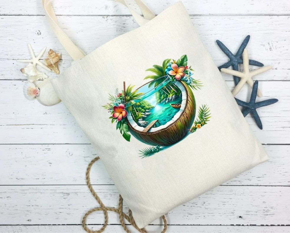noix coco paysage fleurs transfert thermocollant impression dtf flex textile sac shopping plage mains courses sport accessoires déco