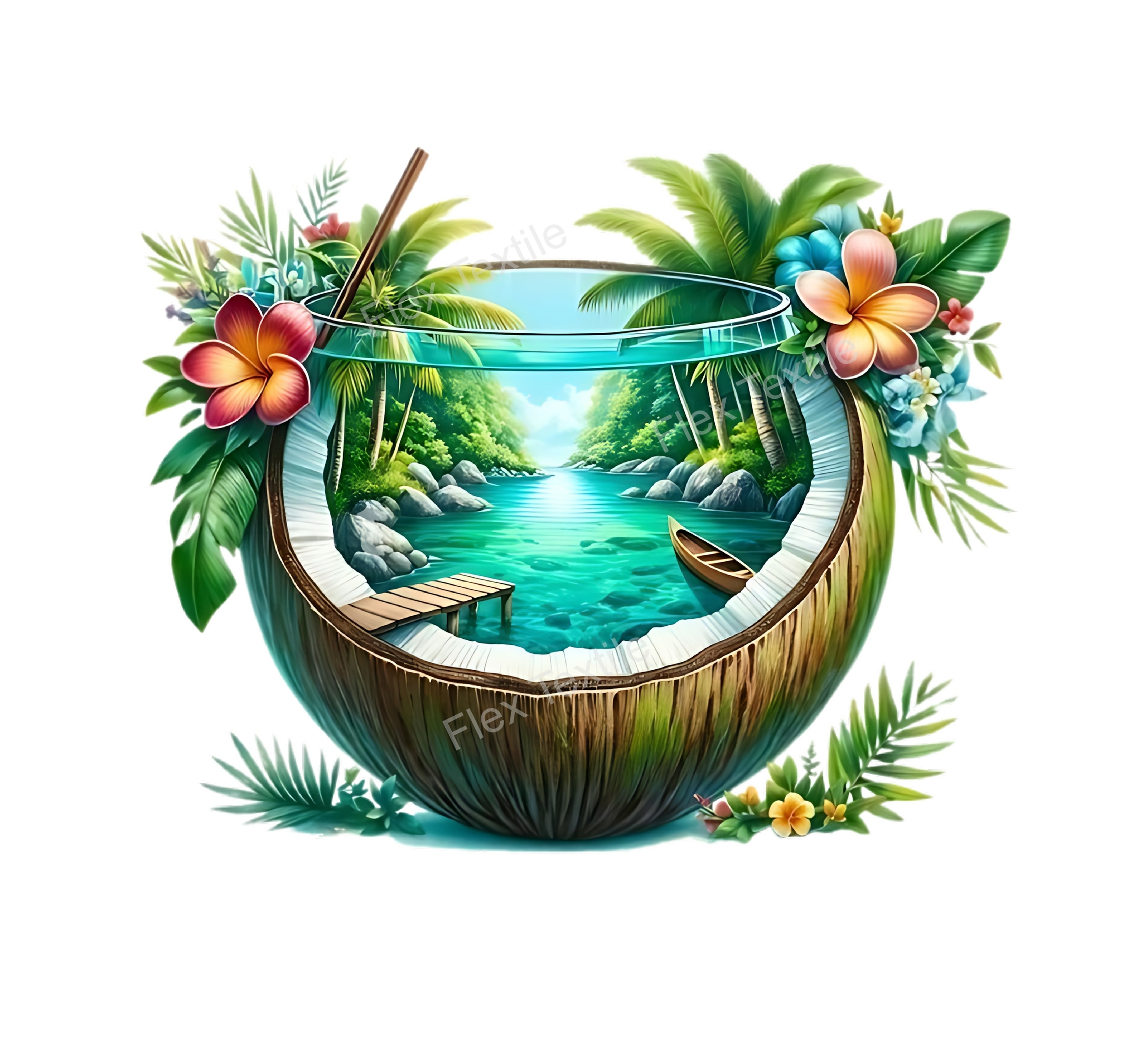 noix coco paysage fleurs transfert thermocollant impression dtf flex textile