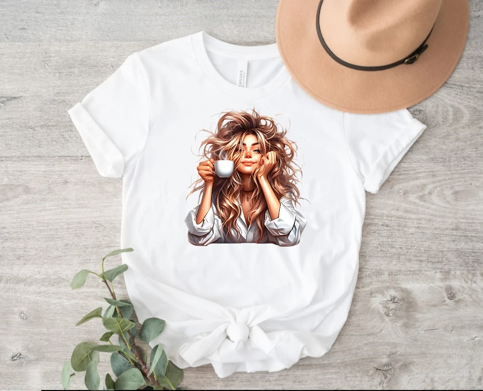 femme tasse café transfert thermocollant impression dtf lfex textile t-shirt pull sweat jeans veste