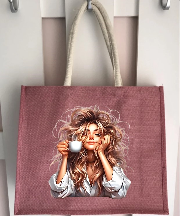 femme tasse café transfert thermocollant impression dtf lfex textile sac shopping mains plage sport cabas