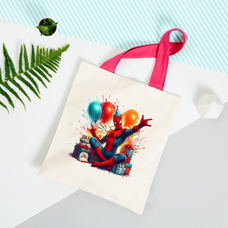 spiderman aniverssaire ballons transfert thermocollant impression dtf flex textile sac à dos shopping mains plage cabas