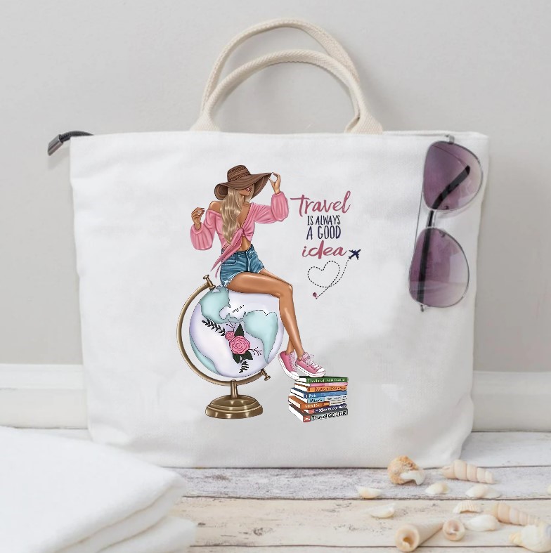 Femme Voyage Monde transfert thermocollant impression dtf flex textile sac shopping voyage plage mains dos sport cabas