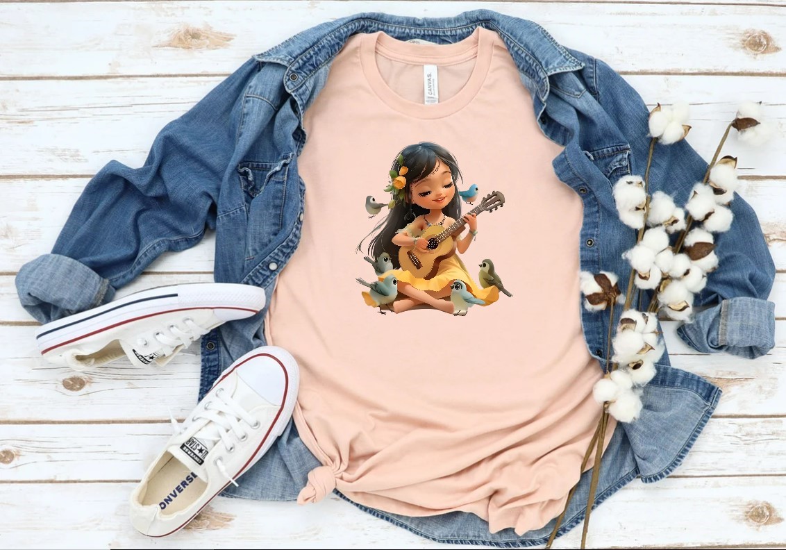 Fille Guitare Oiseaux transfert thermocollant impression dtf flex textile veste chemise jeans t-shirt femme enfant homme