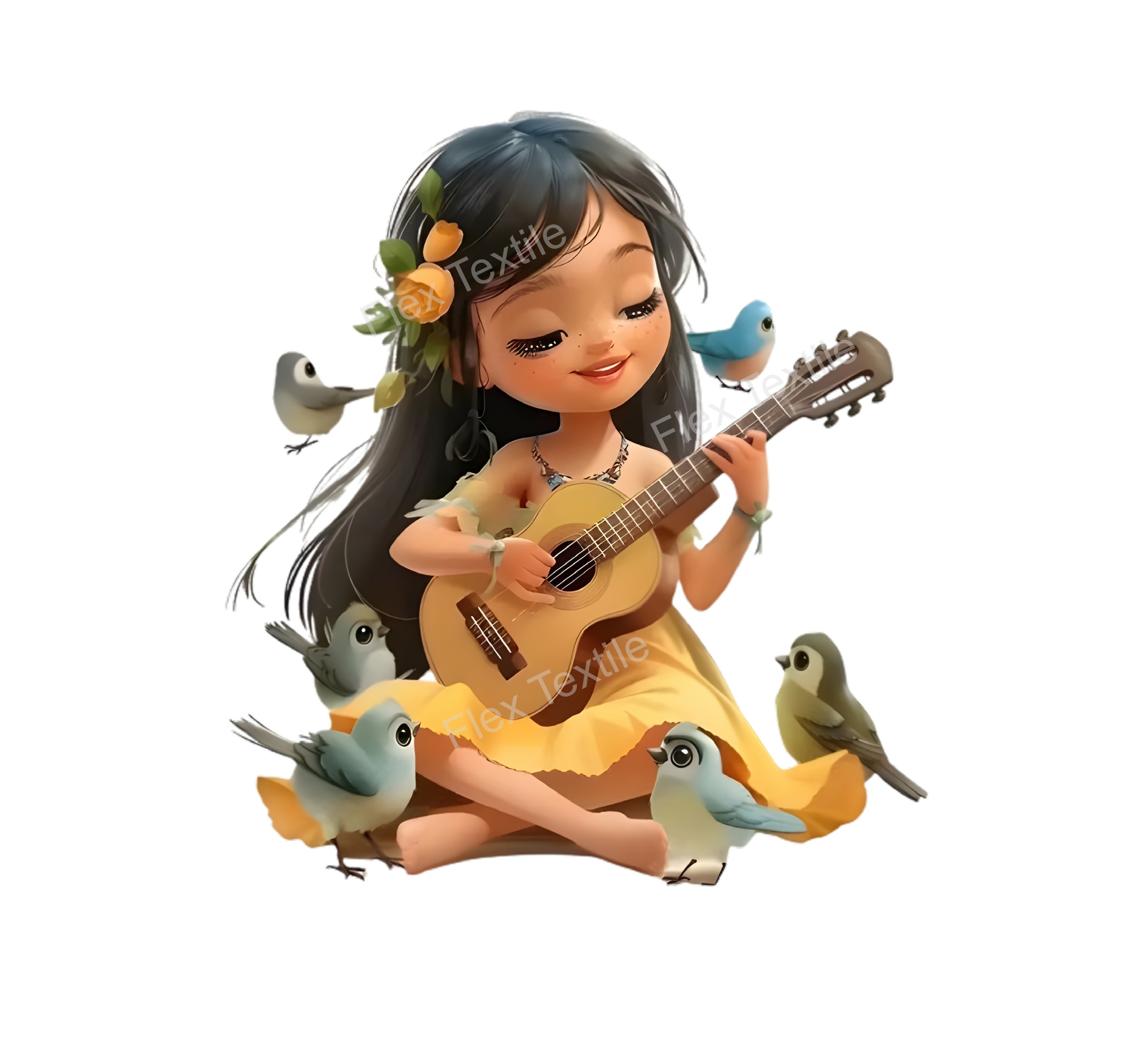 Fille Guitare Oiseaux transfert thermocollant impression dtf flex textile