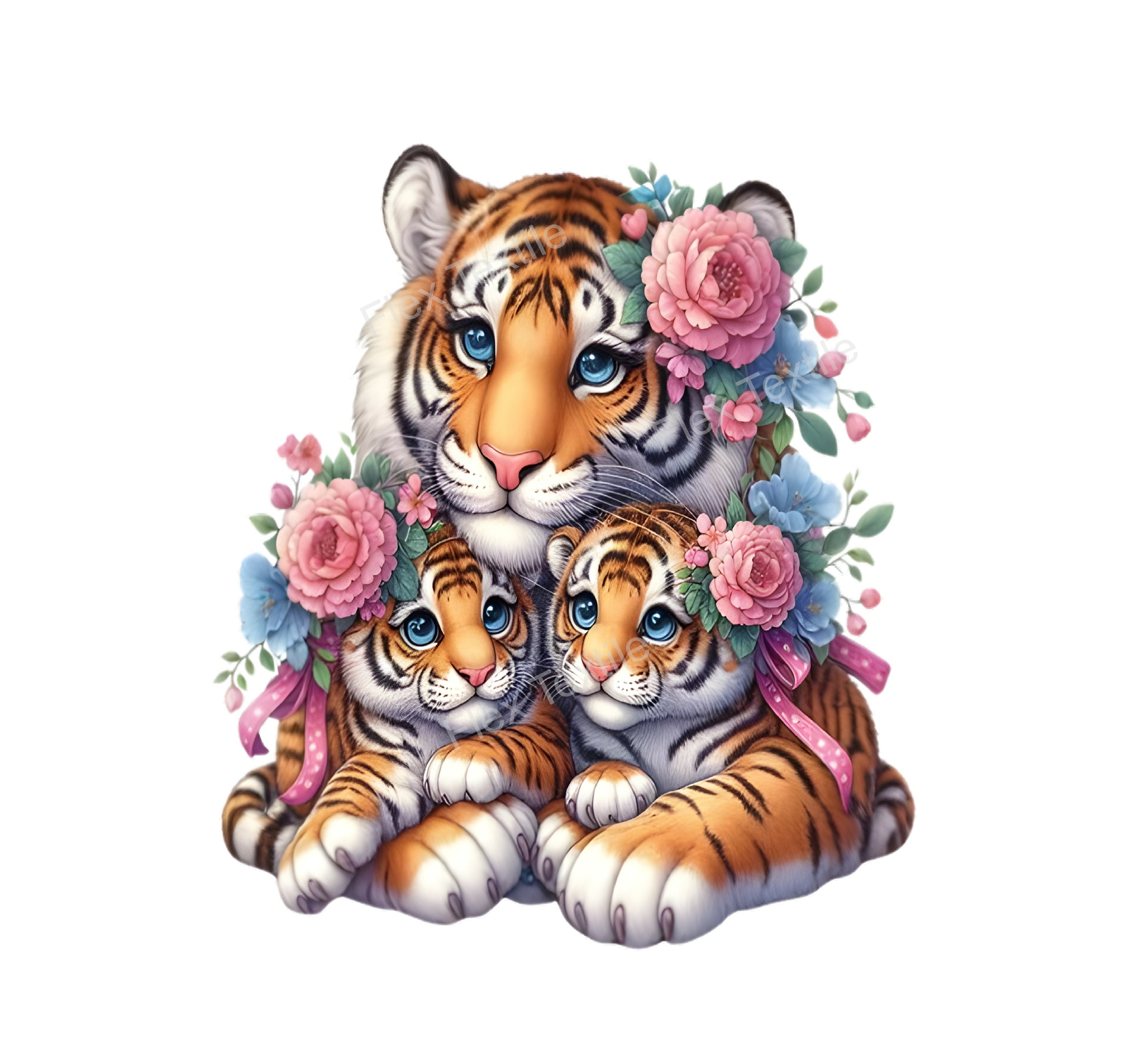 Tigre Bébés Fleurs Transfert thermocollant impression dtf flex textile