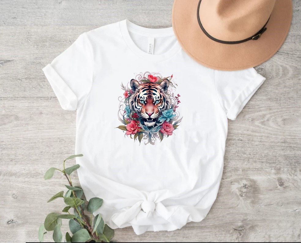 Tête Tigre Fleurs Transfert thermocollant impression dtf flex textile t-shirt femme enfant homme jeans top sweat veste pantalon