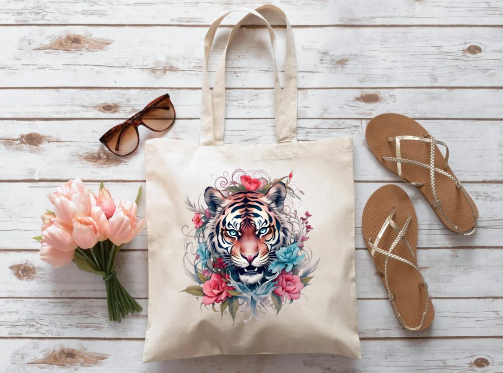 Tête Tigre Fleurs Transfert thermocollant impression dtf flex textile sac shopping mains dos voyage plage sport
