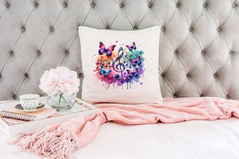 Notes Partition Papillons Transfert thermocollant impression dtf flex textile coussin oreillers accessoire déco