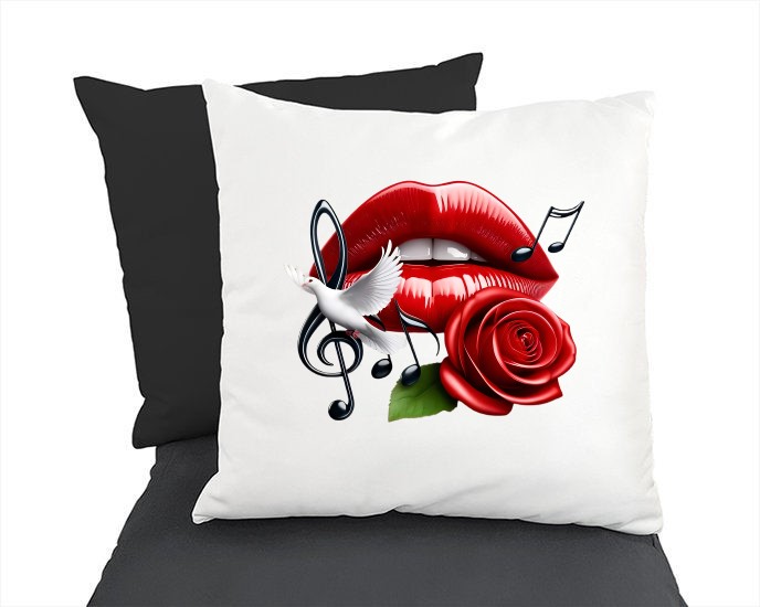 Bouche Rouge Fleur Colombe Notes Transfert thermocollant impression dtf flex textile coussin oreillers accessoires déco