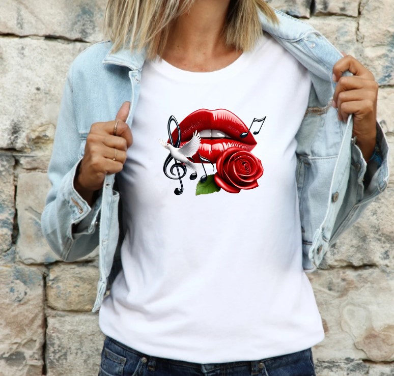 Bouche Rouge Fleur Colombe Notes Transfert thermocollant impression dtf flex textile t-shirt femme homme enfant top sweat jeans veste débardeur