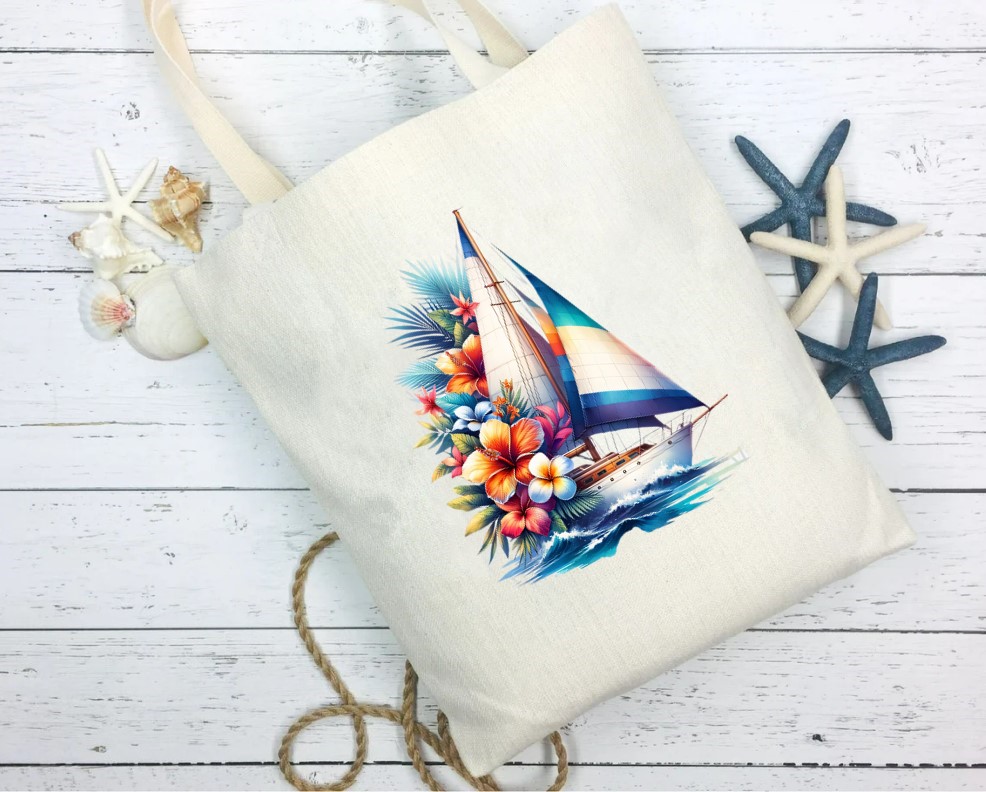 Voilier Fleurs Transfert thermocollant impression dtf flex textile sac shopping plage dos voyage mains sport