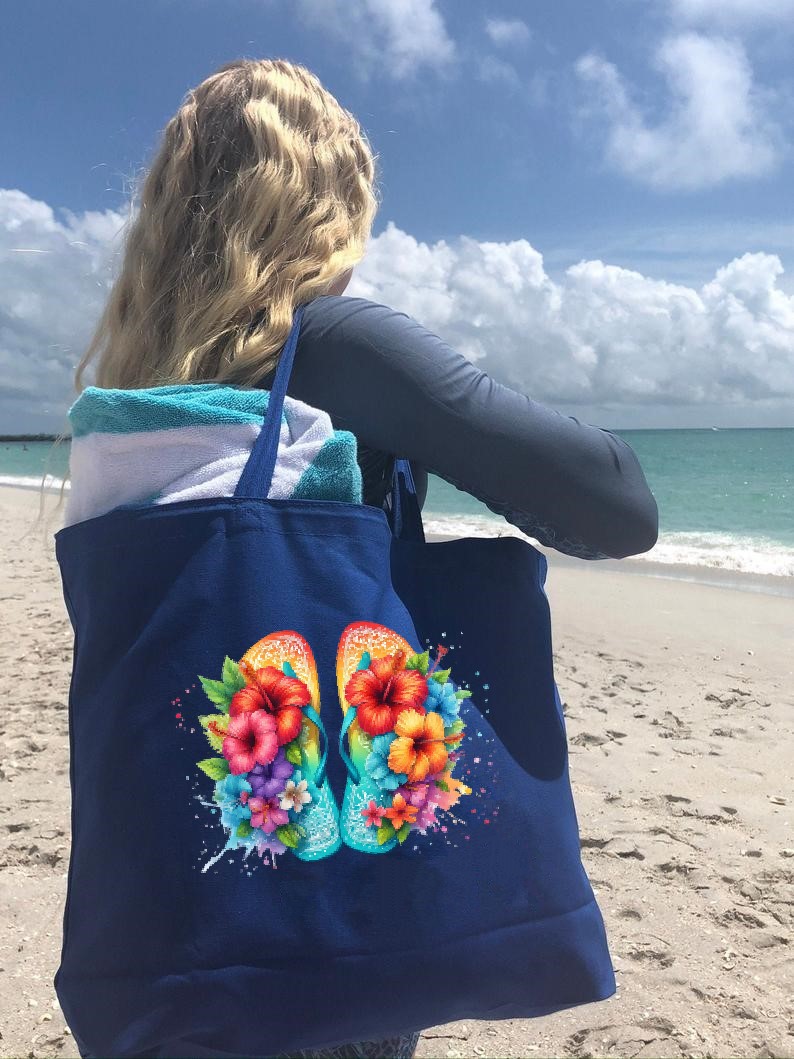 Tongs Fleurs Transfert thermocollant impression dtf flex textile sac plage dos voyage sport shopping mains