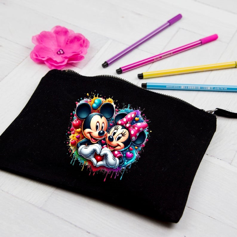 mickey minnie coeur mains transfert thermocollant impression dtf flex textile trousse école maquillage accessoire déco