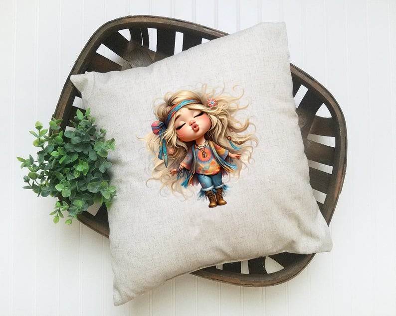 fillette hippie transfert thermocollant impression dtf flex textile coussin oreilles accessoires déco