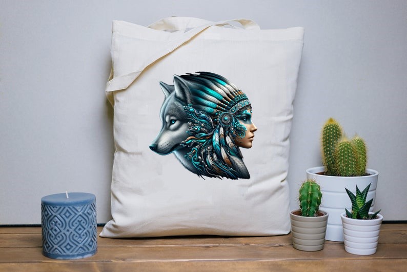 Visages Femme Loup transfert thermocollant impression dtf flex textile sac shopping plage dos voyage mains
