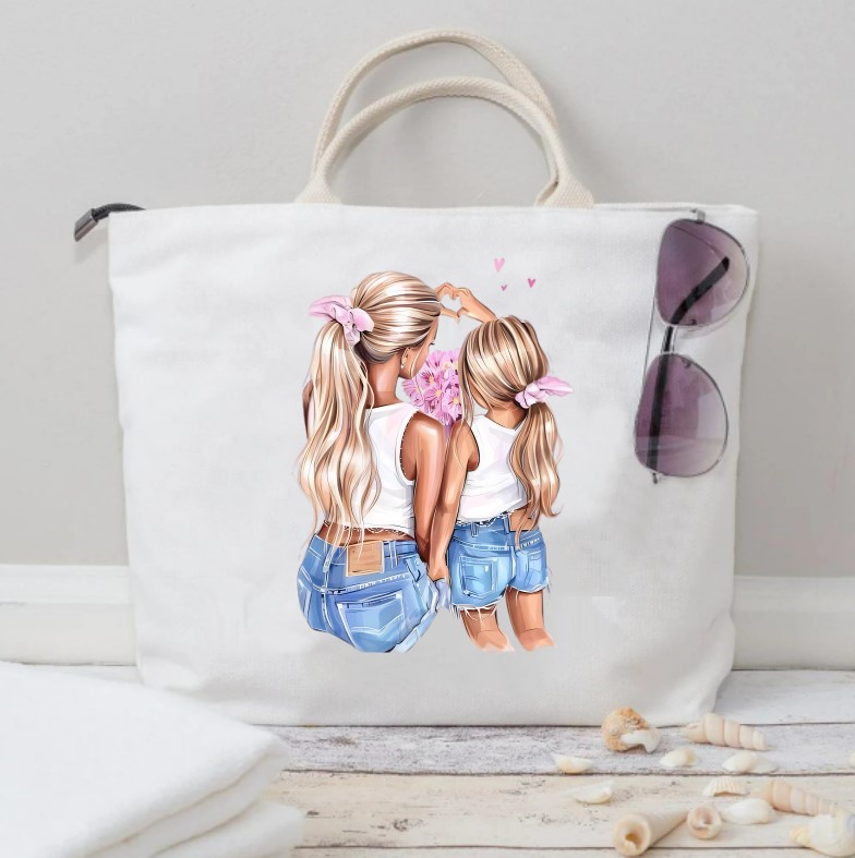 Mère Fille Coeur Fleurs transfert thermocollant impression dtf flex textile sac shopping plage dos voyage shopping