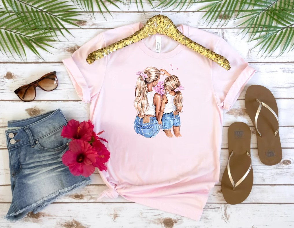 Mère Fille Coeur Fleurs transfert thermocollant impression dtf flex textile t-shirt femme homme enfant sweat pull jeans veste