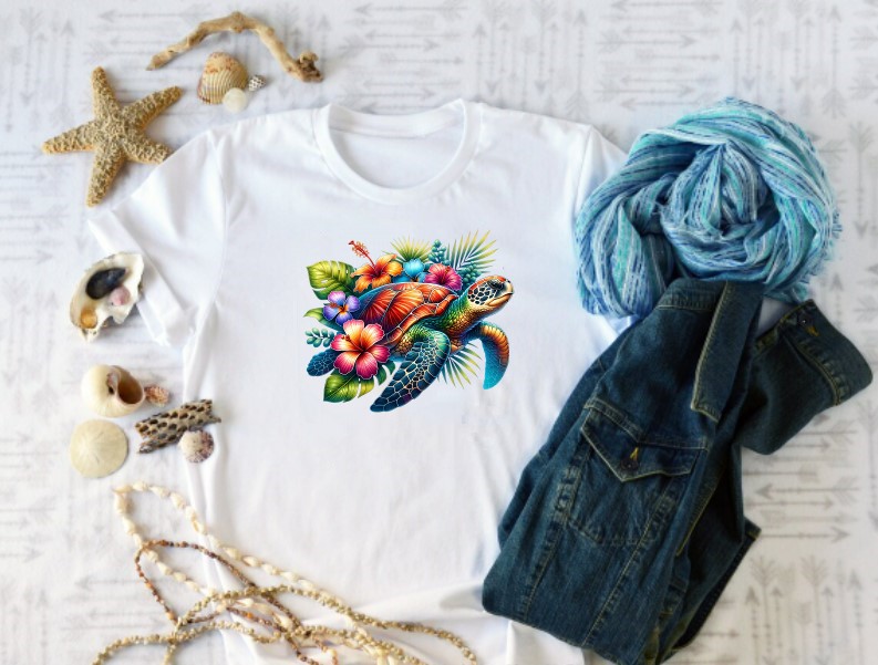 Tortue Mer Fleurs Hibiscus transfert thermocollant impression dtf flex textile -tshirt femme homme enfnat sweat pull veste jeans