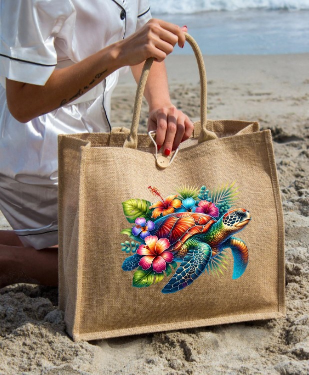 Tortue Mer Fleurs Hibiscus transfert thermocollant impression dtf flex textile sac shopping plage dos voyage