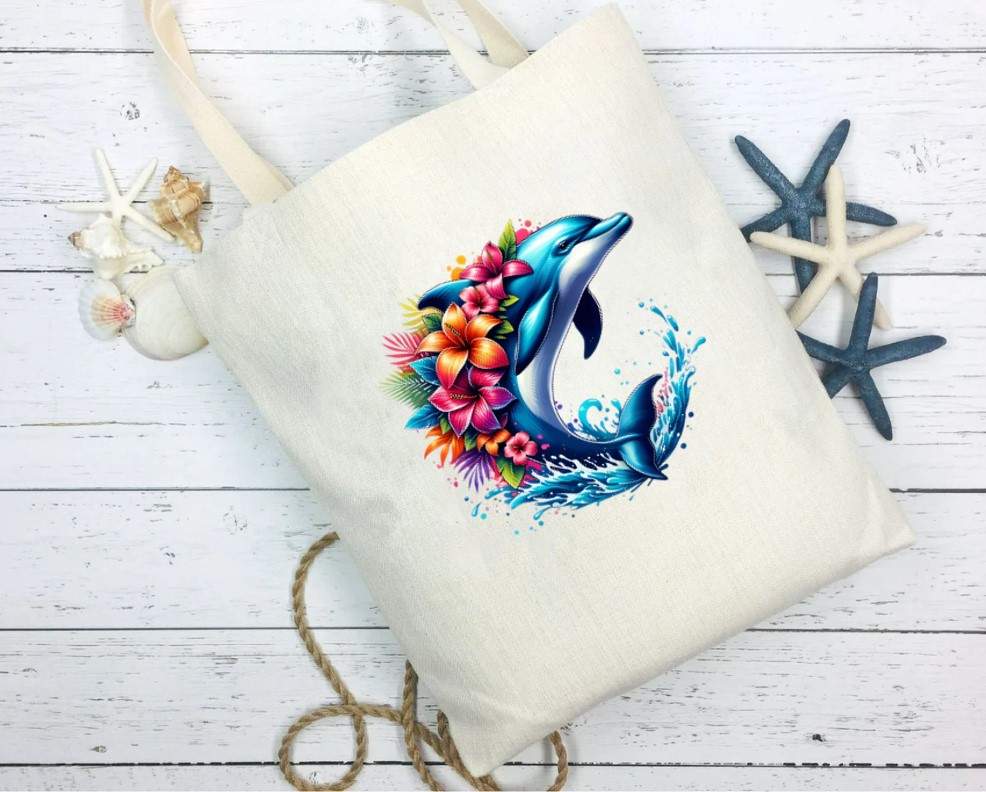 Dauphin Fleurs Eau transfert thermocollant impression dtf flex textile sac shopping plage dos voyage soprt