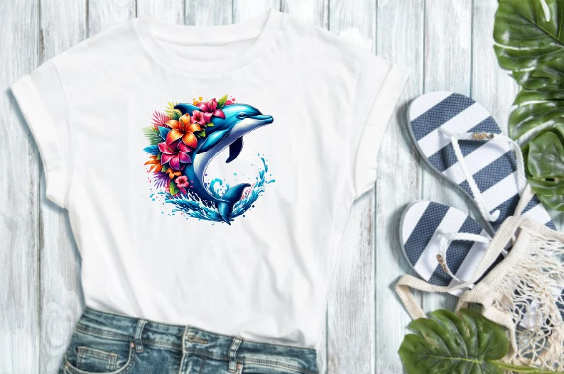 Dauphin Fleurs Eau transfert thermocollant impression dtf flex textile t-shirt femme enfant homme jeans veste pull sweat