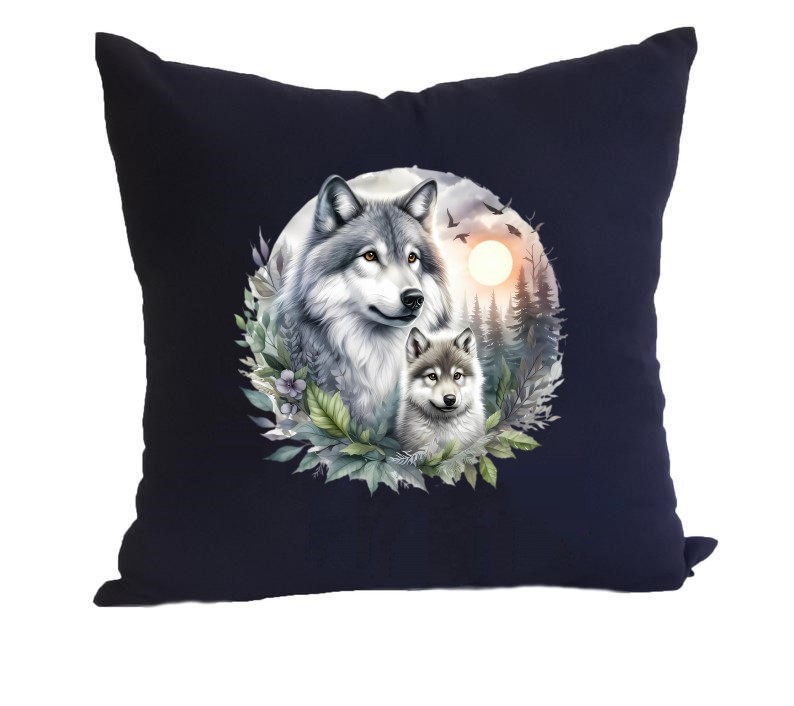 Loup Louveteau Natrue Soleil transfert thermocollant impression dtf flex textile coussin accessoires déco oreillers