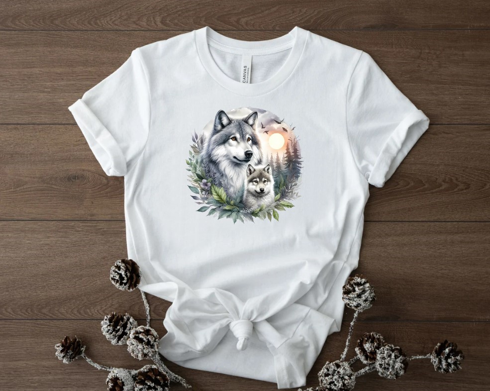 Loup Louveteau Natrue Soleil transfert thermocollant impression dtf flex textile t-shirt homme femme enfant pull veste sweat casquette jeans
