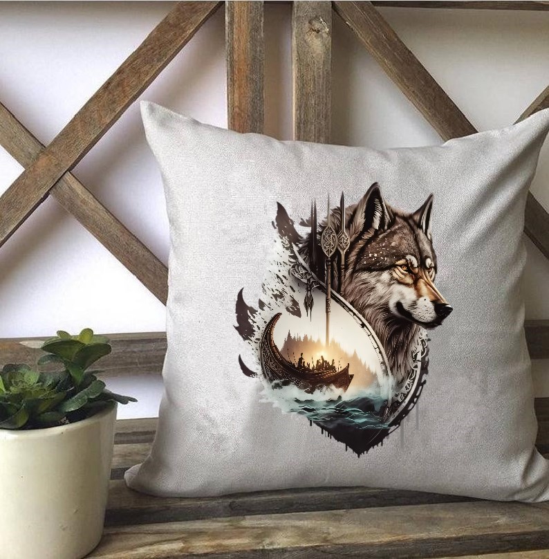 Loup Viking Bateau transfert thermocollant impression dtf flex textile coussin oreillers accessoires déco