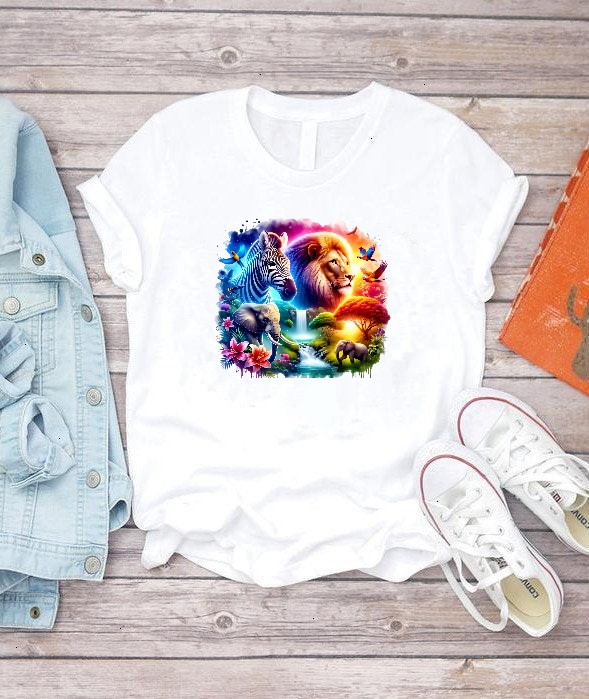 Animaux Sauvages Cascade Fleurs transfert thermocollant impression dtf flex textile t-shirt femme homme enfant sweat pull veste jeans