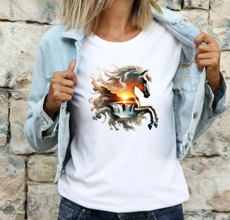 Cheval Paysage Cascade transfert thermocollant impression dtf flex textile t-shirt homme femme enfant sweat pull jeans veste