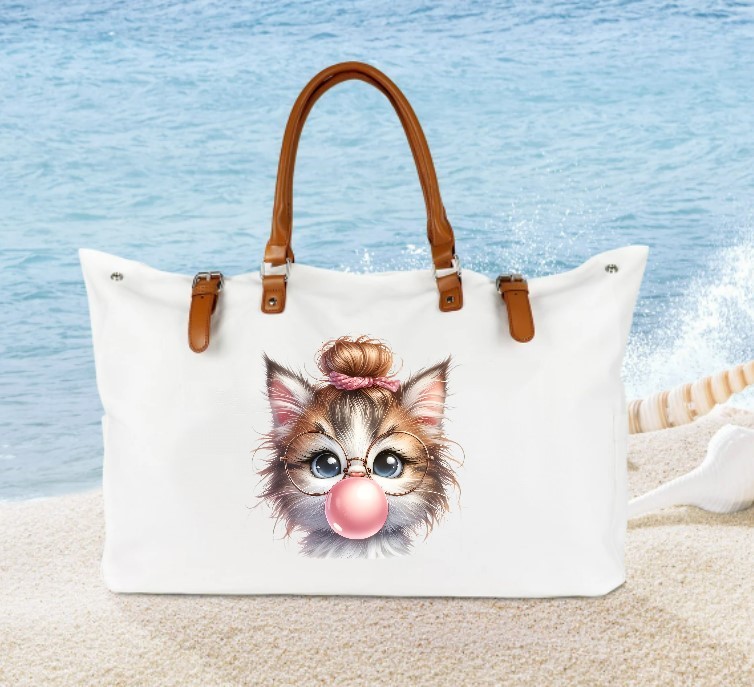 Chat Chignon Bulle transfert thermocollant impression dtf flex textile sac shopping plage dos voyage mains