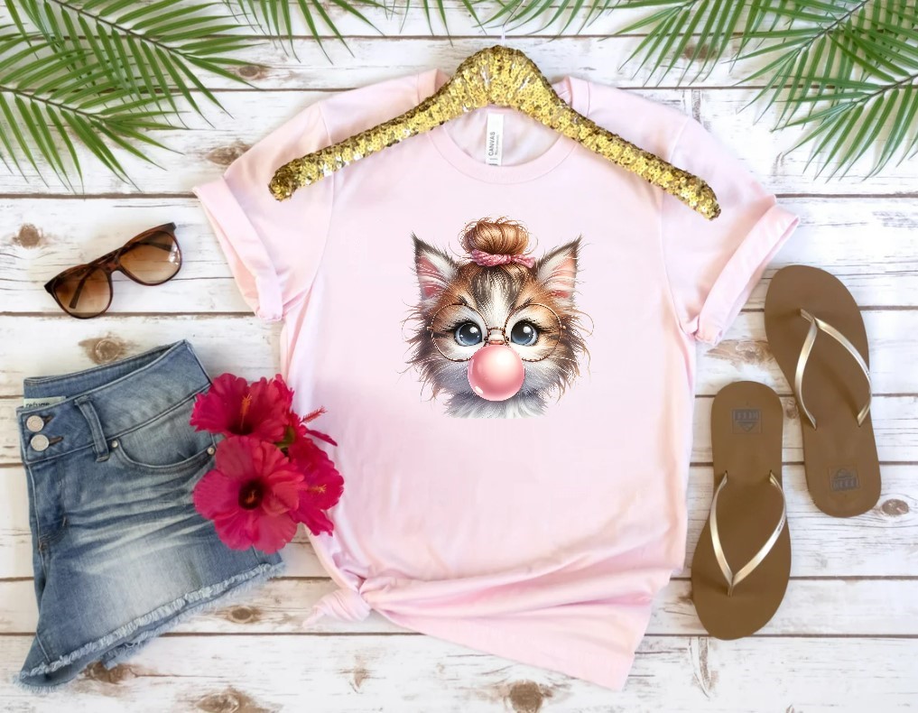 Chat Chignon Bulle transfert thermocollant impression dtf flex textile t-shirt femme enfant homme sweat top pull jeans veste