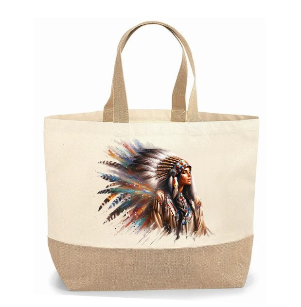 femme amérindienne plumes transfert thermocollant impression dtf flex textile sac shopping plage mains dos voyage sport