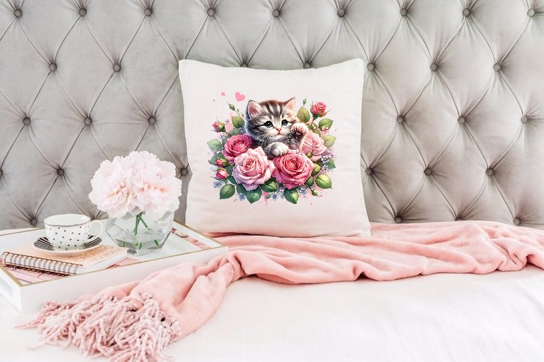 chat fleurs roses cute transfert thermocollant impression dtf flex textile coussin accessoires déco oreillers