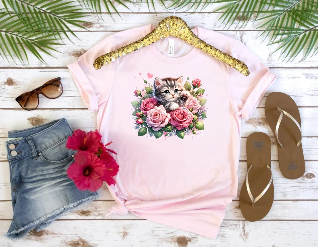 chat fleurs roses cute transfert thermocollant impression dtf flex textile t-shirt femme enfant homme sweat top jeans veste