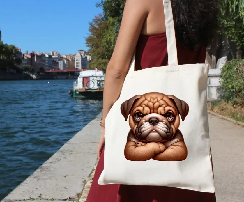 chien pas content transfert thermocollant impression dtf flex textile sac shopping plage voyage dos sport